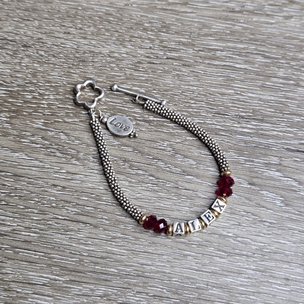 925 Sterling Silver Red Crystal Beaded Alex Bracelet Love Charm Toggle Clasp